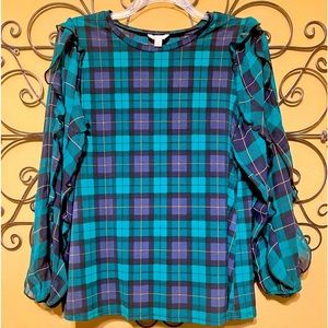 NWT Navy/Green Plaid Top with ruffle sleeves. So cute!